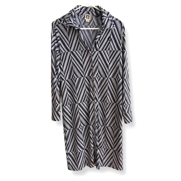 Anne Klein Navy/White Small Long Sleeve Button Down Geometric Print Dress - Picture 1 of 12